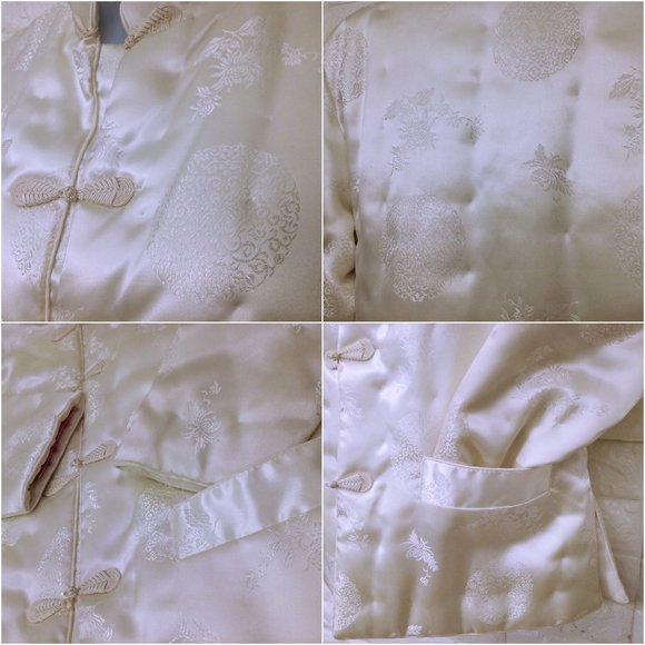 Vintage 80s NWT Fortune Quilted Jacket L Asian Brocade Pockets Frogs Satin Ivory - Picture 8 of 11